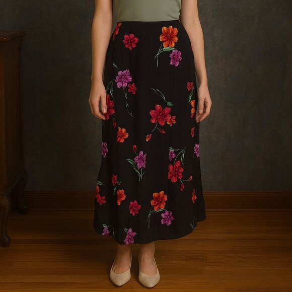 Vintage Norton McNaughton Hawaiian Floral Maxi Dress - Black / Red & Pink - Picture 1 of 10